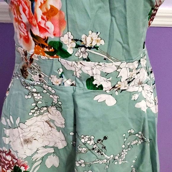 Owin Teal Green Floral Jackie O 60s Sleeveless Fit & Flare Pinup Midi Dress - Picture 4 of 11